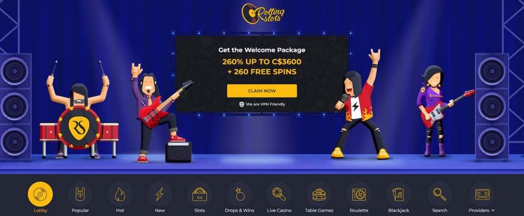 Rolling Slots Casino, welcome package, free spins